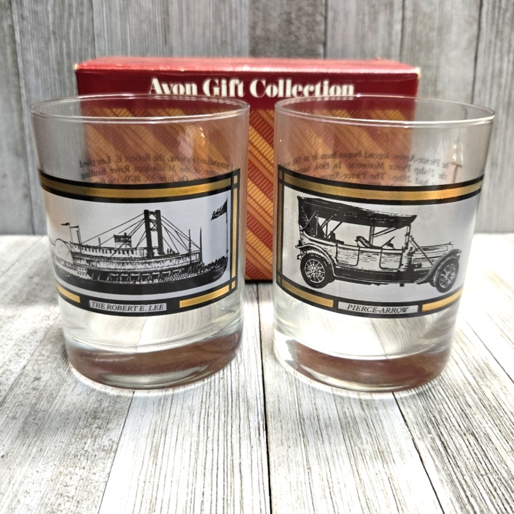 VTG Avon Gift Collection Glasses with The Robert E. Lee & Pierce Arrow Gold Trim